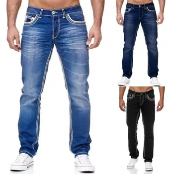 FUAMOS Naują Asmeninį Madų Slim Dviguba Linija korėjos Jeans vyriški Gatvės Madinga Europos, Amerikos Medvilnės Mėlyna Džinsinio audinio Kelnės