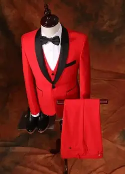 Raudona Vestuvių Tuxedos Slim Fit Tinka Vyrams Užsakymą Groomsmen Kostiumas Prom Dress Kostiumai Trijų Dalių(Švarkas +Kelnės+Liemenė)