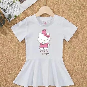 Hello Kitty Medvilnės Naujų Trumpomis Rankovėmis Suknelė Vaikams, Cartoon Spausdinti Sijonas Mergaitėms Vasaros T-Shirt Viršuje Princesė Sijonas Vaikų Drabužiai