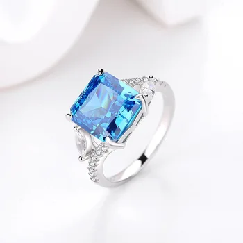 Originalaus dizaino ledo gėlių supjaustyti cirkonis blue square asmenybę, mados žiedas moterims S925 sterlingas sidabro žiedas