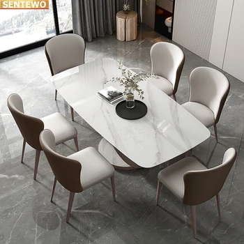 Dizaineris Prabangus valgomasis kambarys Marmuro Uolos Plokštė valgomojo stalo rinkinys 4 6 kėdės mesa tische baldai marbre Nerūdijančio plieno aukso bazės