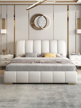 Natūralios odos minkštų lova, modernus, paprastas ir prabangus stiliaus lovos, miegamojo dvigulė lova, 2023 naujas mados lova